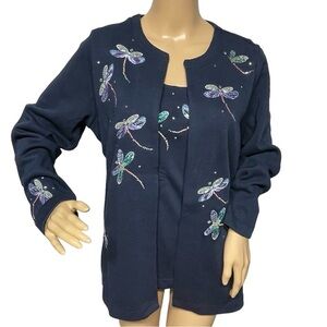 Quacker Factory Navy M Whats Old Is New Embroidered Dragonfly Duet Cardigan NWOT
